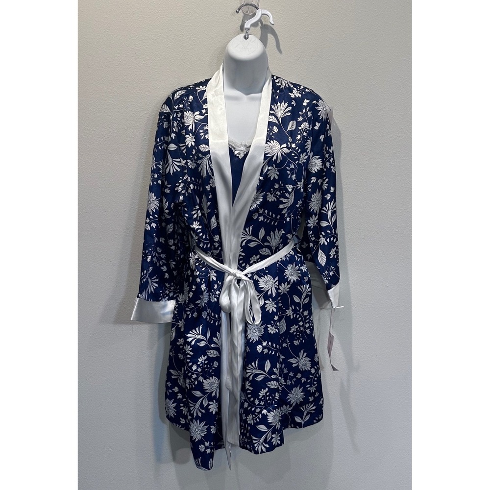 NWT Linea Donatella Navy Floral Satin Robe Kimono and‎ Chemise Set Romantic Sz S